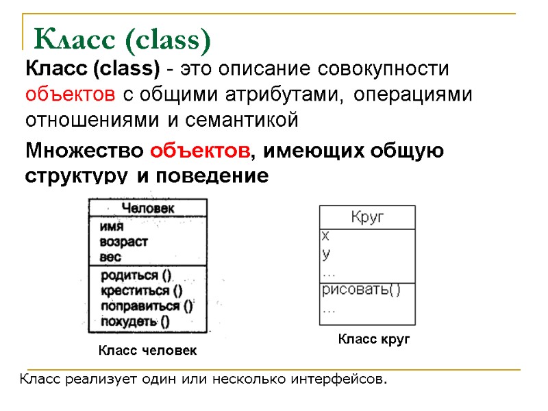 Класс (class)  Класс (class) - это описание совокупности объектов с общими атрибутами, операциями